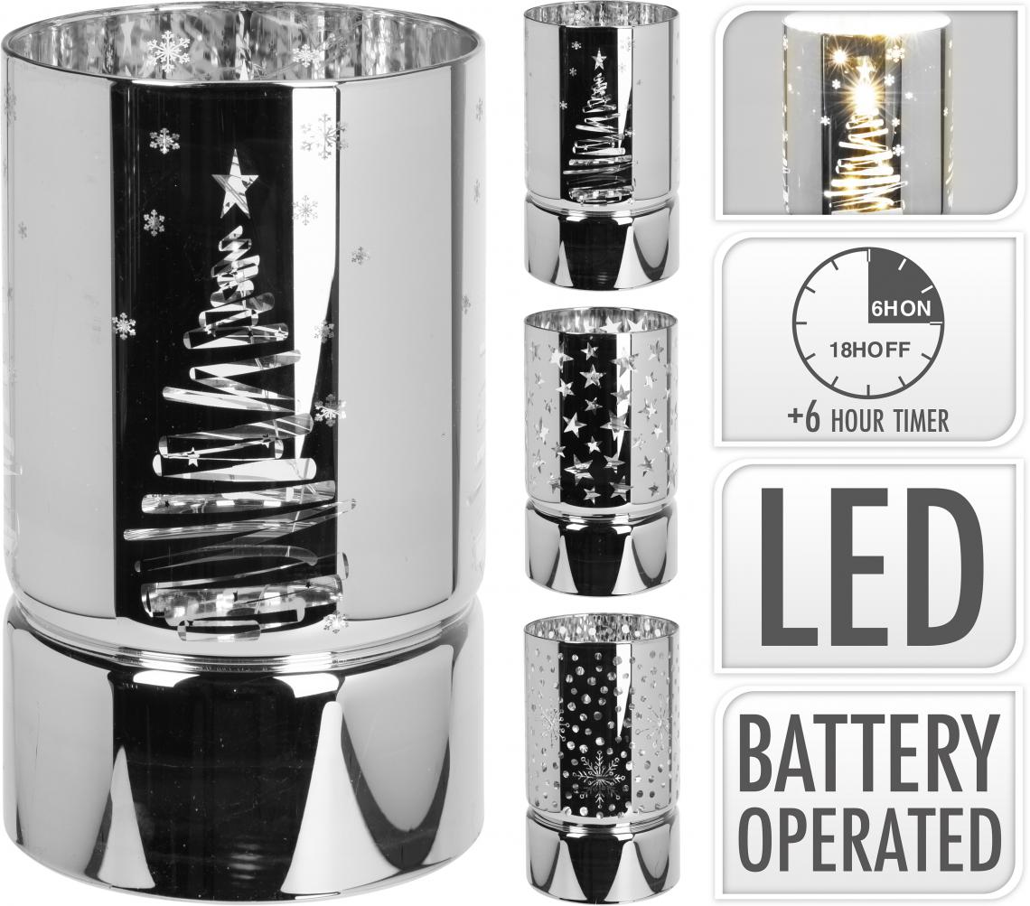 GLASS CYLINDER WITH 10 WW LEDS, GLASS, PP, SIZE: 10X10X16.5CM, WEIGHT: 250 GRAM, SILVER COLOUR GLASS WITH MIRROR SURFACE AND LASER CUT DESIGN, 3 ASSORTED LASER CUT DESIGNS, DOUBLE-DECK CYLINDER SHAPE WITH OPEN TOP, B/O 3X AAA, NOT INCLUDED, WITH ON/OFF/TIMER SWITCH, 6/18H TIMER, PACKED IN COLOUR BOX, ASS.:3 DESIGNS(STARS/SNOWFLAKES/DOTS/XMAS TREE)/ 110X110X180MM, COLOUR BOX - photo 6